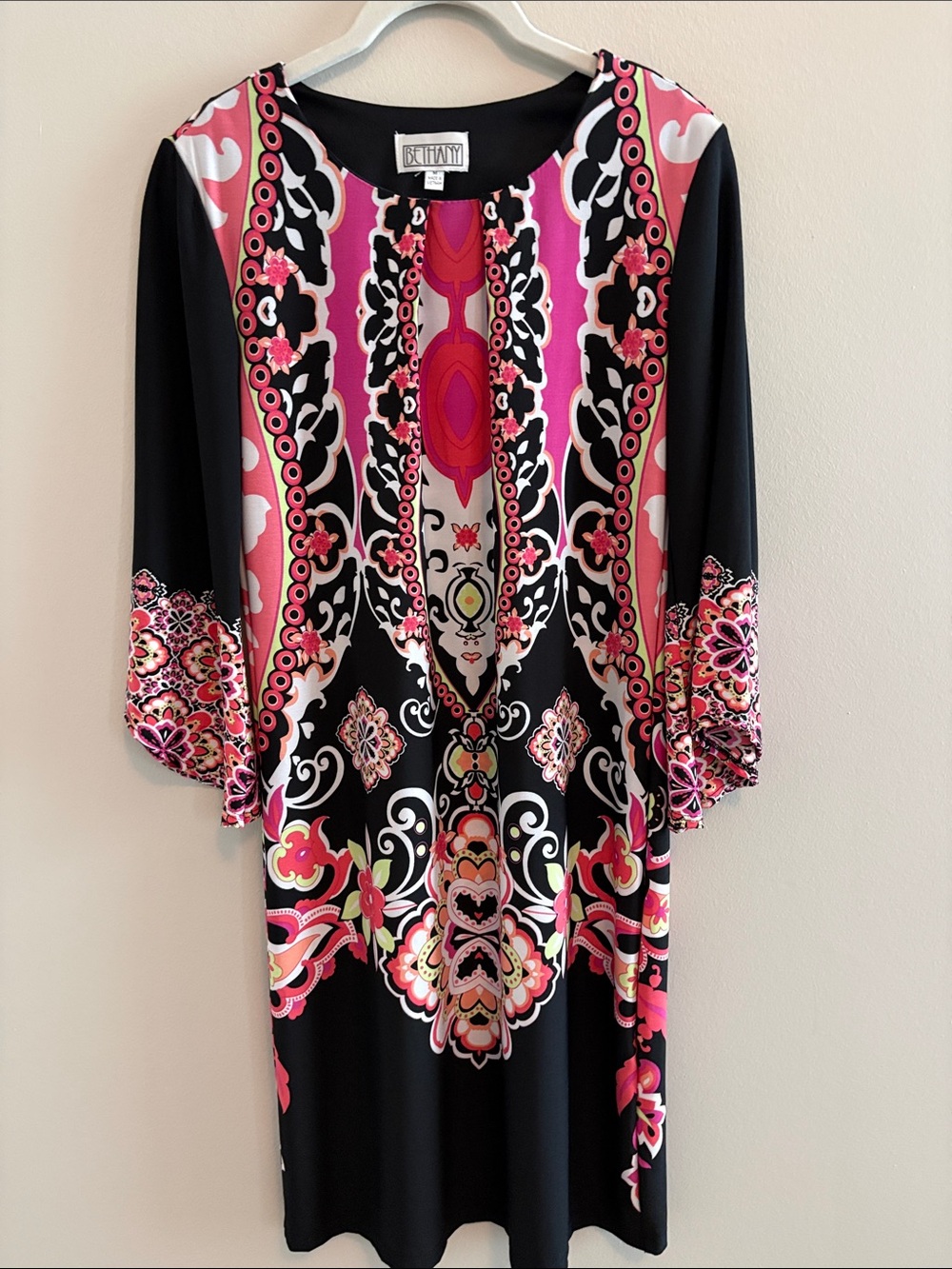 Bethany Pink & Black Printed 3/4 Asymmetrical Sleeve Shift Dress